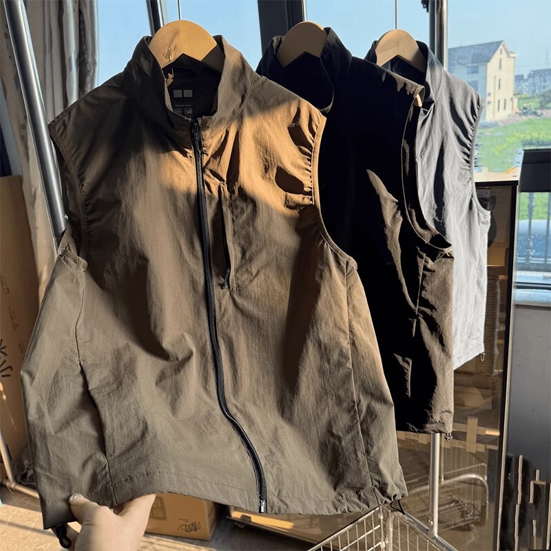 American Retro Functional Workwear Vest Men's Spring and Summer Stand-Up Collar Zipper Functional Outdoor Urban Windproof Vest Jacket