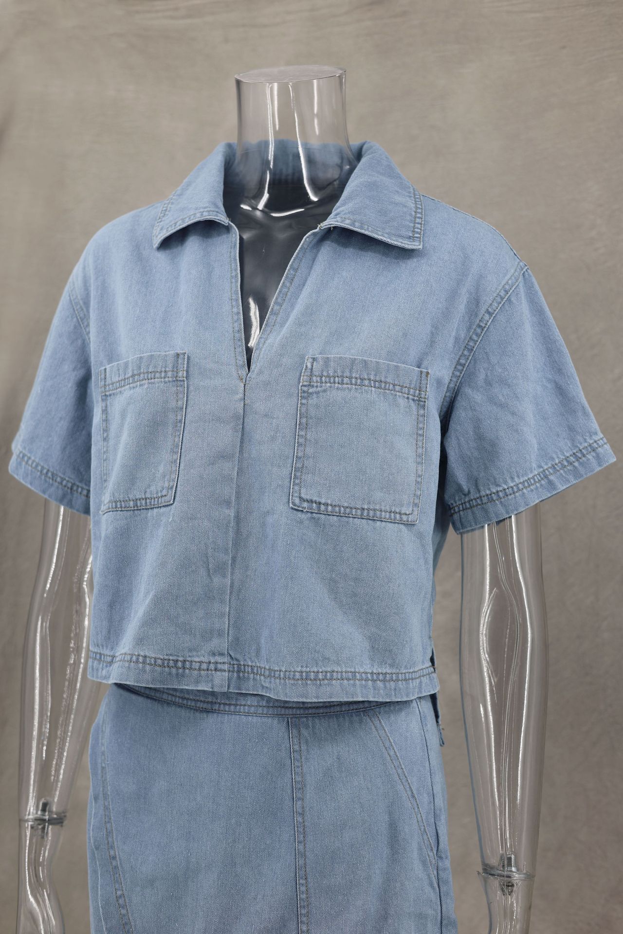 Comfort Casual Denim Women Summer Loose Slimming Polo Short Sleeve Shirt Irregular Asymmetric Pantskirt Two Piece Set
