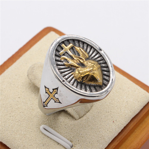R0988-H European & American Style Jewelry Wholesale: Vintage Titanium Steel Ring with Cross and Heart Designs