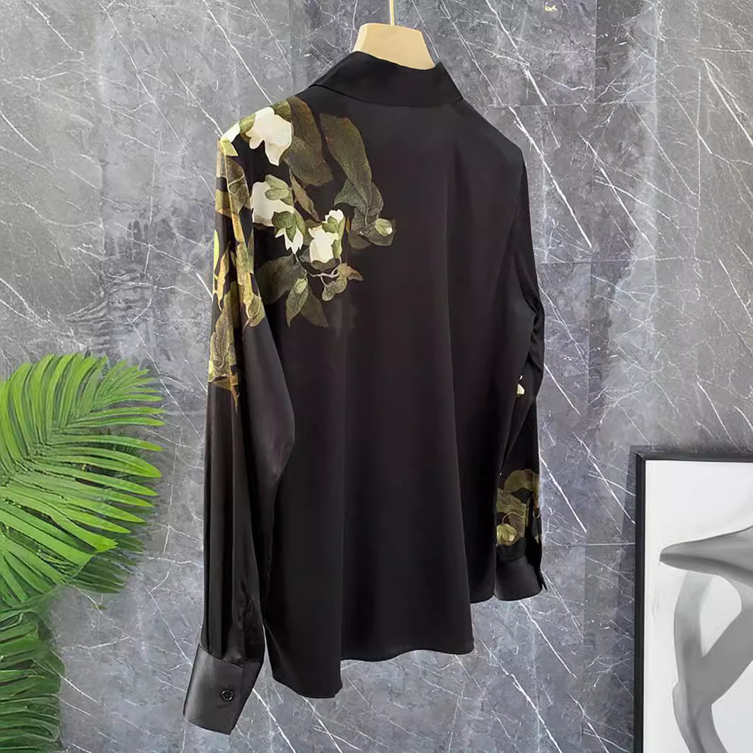 Women's Clothing Retro black printed silk top mulberry silk long sleeve shirt_ipsvogv.com