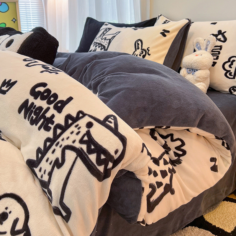 Juego de cuatro piezas de lana de leche gruesa de invierno 2024 nuevo juego de sábanas de tres piezas de lana de coral de doble cara más terciopelo