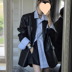 皮衣外套女2025春秋新款韩版宽松长袖西装领皮上衣