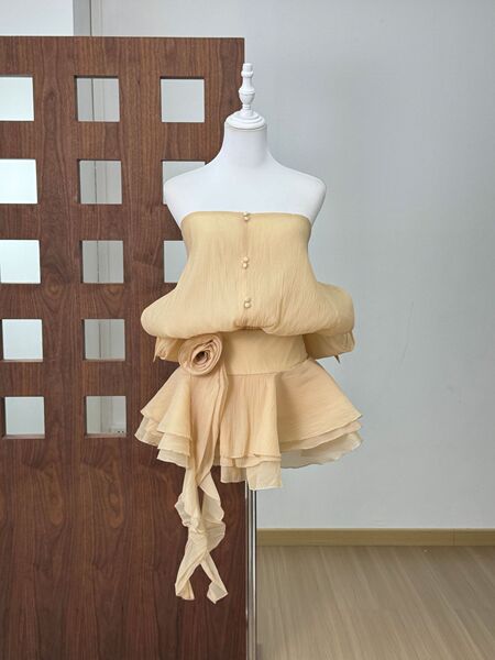 25Ss Vietnamese Niche Two-Piece Set Backless Lace-Up One-Shoulder Seersucker Shirt Dress + Short Skirt Pants Set