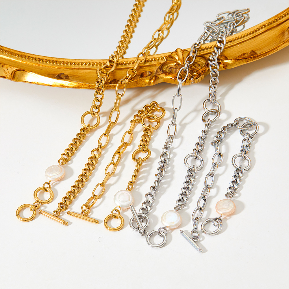 Baroque Style Solid Color Stainless Steel Inlay Pearl Bracelets Necklace