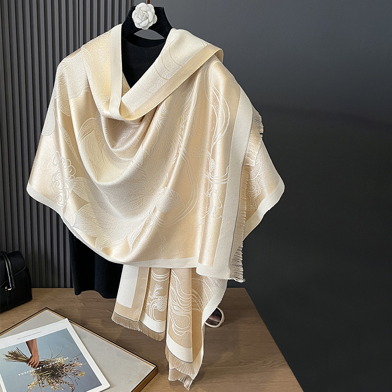 Autumn and Winter Double-sided Cashmere Antique Lotus Thickened Warm Tisel Cotton Scarf Air-conditioning Room Neck Protection Shawl