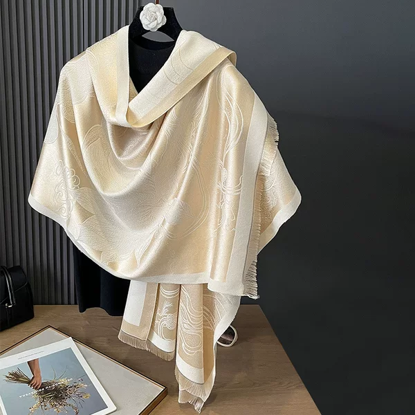 Autumn and Winter Double-sided Cashmere Antique Lotus Thickened Warm Tisel Cotton Scarf Air-conditioning Room Neck Protection Shawl