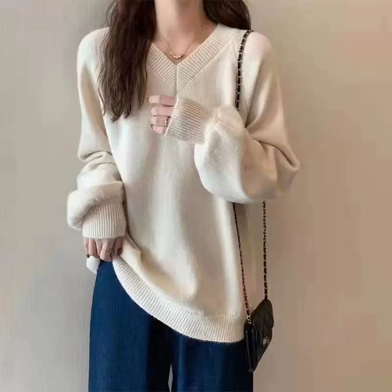 Однотонный вязаный свитер, корейский стиль, V-образный вырез, puff sleeves