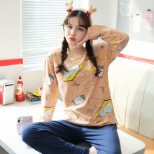 和鑫78批秋季新款女士睡衣休闲简约百搭可爱卡通双长圆领牛奶丝女