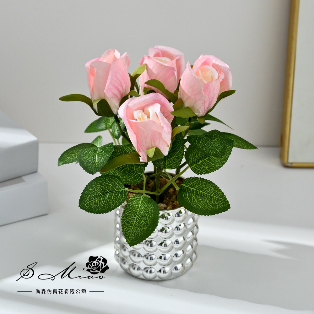 Transfronterizos de 4 cabezas de flores falsas de bonsai moda imitación de maceta decoración del hogar fotografía ornamentos de flores artificiales de boda image 3