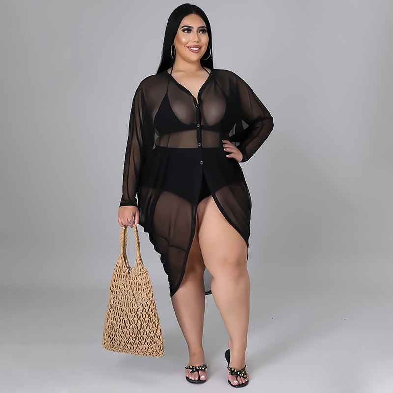 plus size long sleeve loose solid color see-through dress NSLNW122691