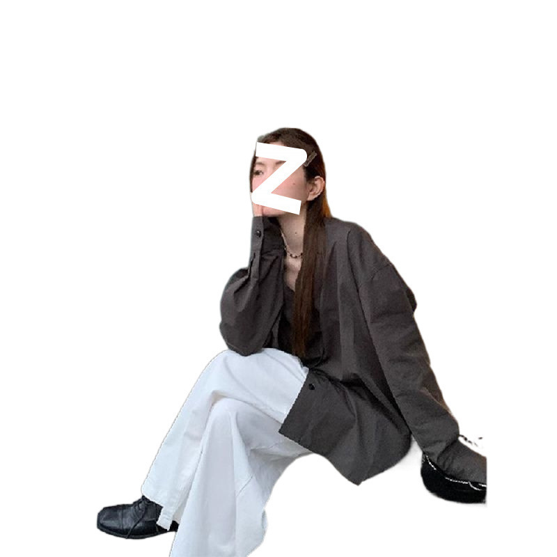 韩系慵懒风v领长袖衬衫女春季宽松中长款设计感开叉休闲衬衣上衣|undefined