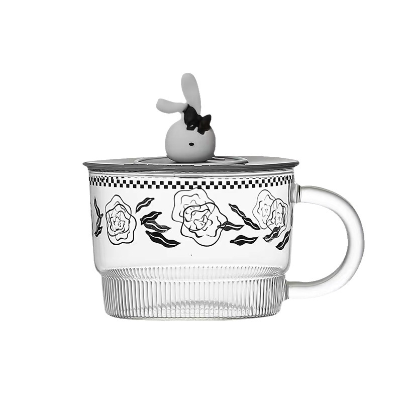 Creativo de cristal gris flor conejo taza personalizada de gran capacidad de la taza de leche del desayuno