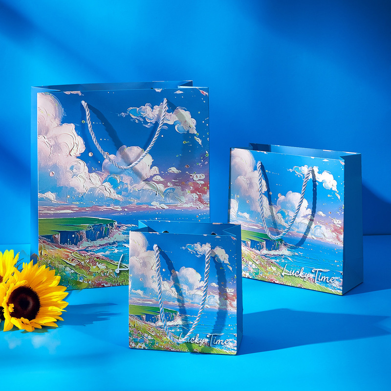 Hand-Held Paper Bag, Blue Oil Painting Design, Universal for Large and Small Sizes, Holiday Gift Bag, White Cardboard Gift Bag with Logo