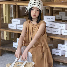 女童夏季韩版叠穿无袖上衣2026新款大童无袖上衣衬衫儿童慵懒风潮