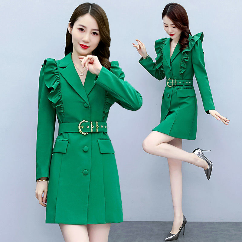 Damenbekleidung Herbst und Winter Professionelle Langarm Schlanke Temperament Taille Promi Einfarbige Windjacke für Frauen_voghion.com