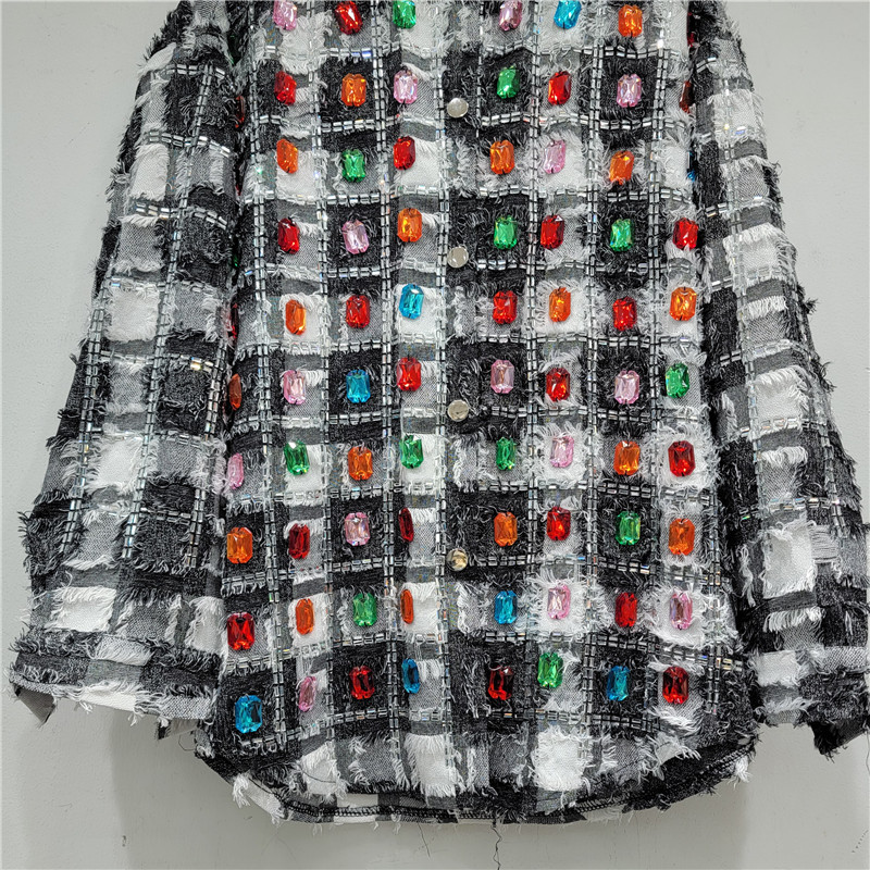 European Collection 2024 Spring New Style Elegant Women's Shirt With Heavy Beaded Rhinestone Embellishments And Plaid_ecoleips.com
