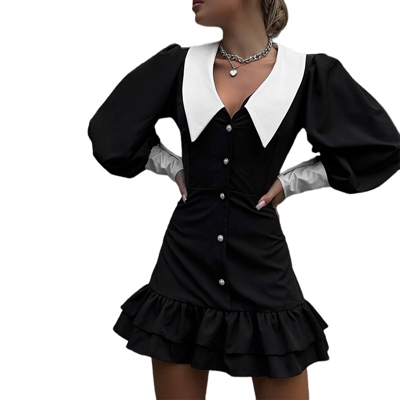 Robe femme colorblock à revers mode pour le printemps et l'automne_voghion.com