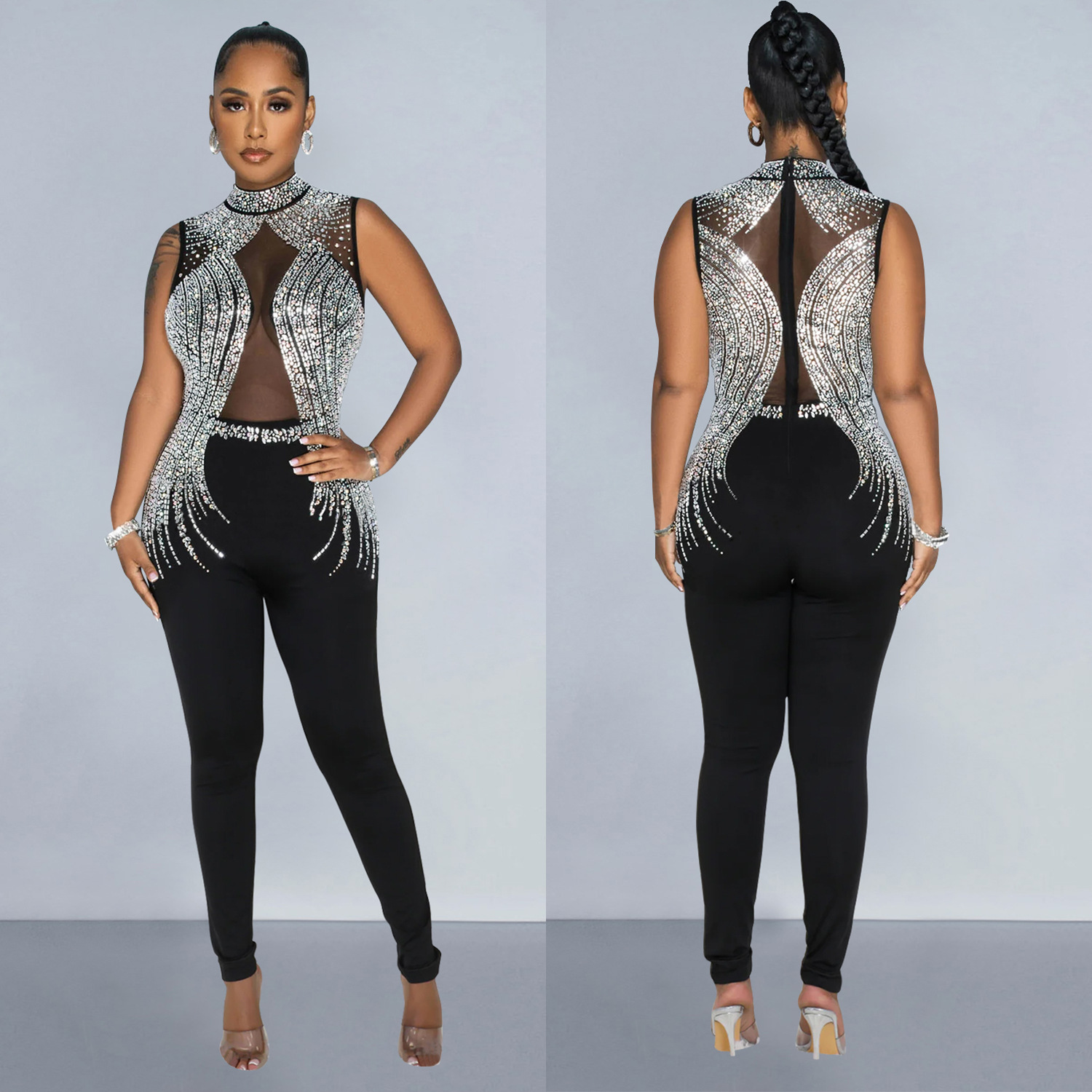C6931 Aliexpress transfronterizo Amazon Europa y América ropa de moda de mujer de color sólido malla de diamante pantalones sin mangas