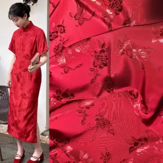 新款 蝶恋花人丝人棉提花面料 中国风连衣裙裤子汉服旗袍面料定制