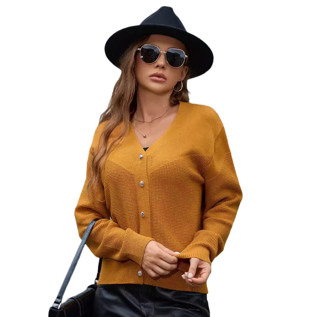 Amazon spring and autumn temperament V-neck sweater single-breasted long-sleeved versatile top cross-border foreign trade women's knitted jacket