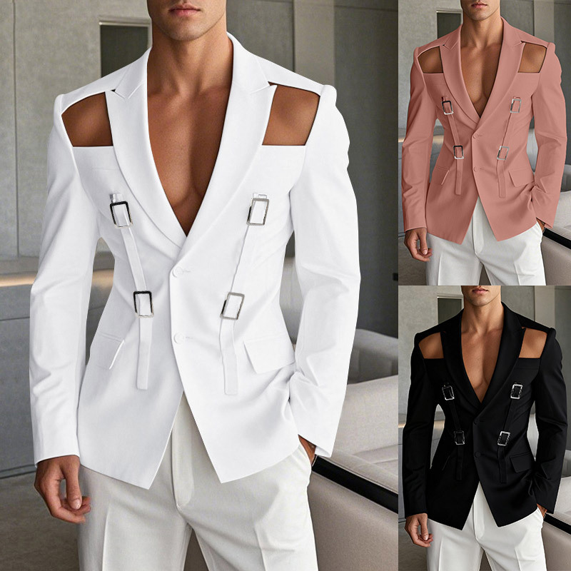 Cross-Border Amazon Autumn European and American Men's Fashion Hollow Metal Buckle Performance Clothing Solid Color Slim Suit Jacket for Men Cross-Border Amazon Autumn European and American Men's Fashion Hollow Metal Buckle Performance Clothing Solid Color Slim Suit Jacket for Men