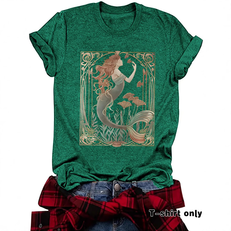 European and American Casual T-Shirt Feminist Mermaid Pattern Cross-Border Summer Round Neck Short-Sleeved Tops for Women Export Orders