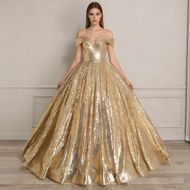 Foreign Trade European and American Style Gold Wedding Dress 2026 Student Performance Costume Art Exam Ball Gown Long Tutu Skirt Studio Theme
