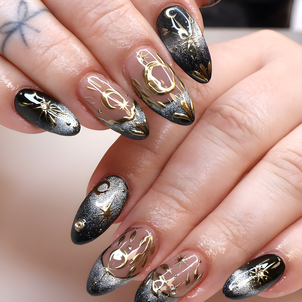 3D estereoscópico LIP dorado desgaste uña estrella de luna hojas de ojo de gato uñas 24 piezas clásicas de oro negro perforación de uñas falsas image 1
