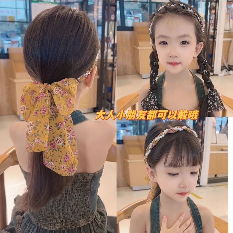 Niños super inmortal tejido bufandas de seda flotantes flores flotantes un cabello de cola de caballo atar cinta de cabello cabeza de cuerda de perla cabeza de cuerda de cabello