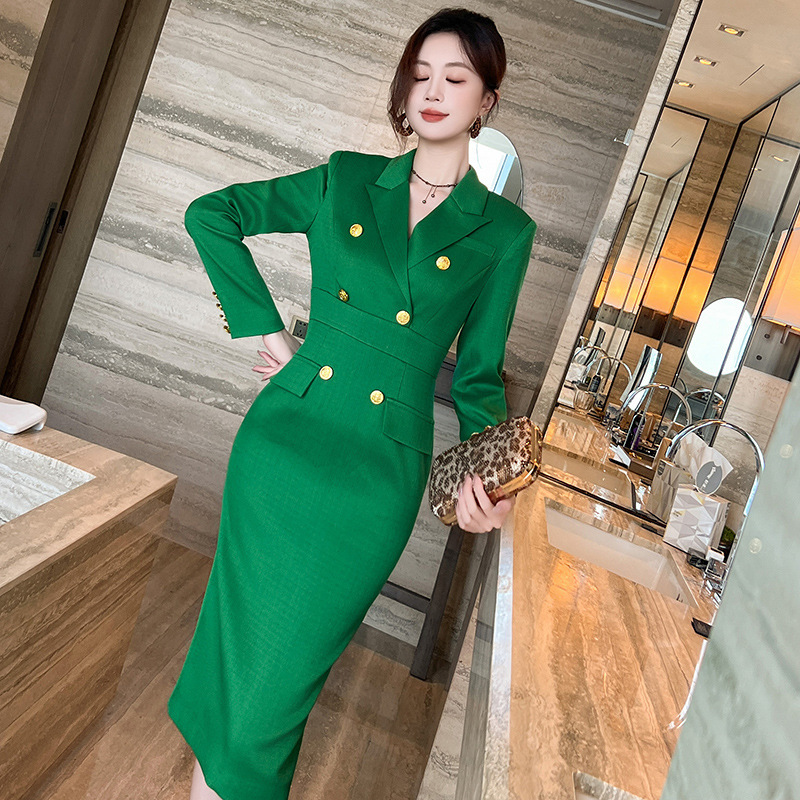 2026 Spring New Women's Clothing, Royal Sister Style Elegant Suit Collar Double-Breasted Slim Fit Hip-Hugging Dress 50620