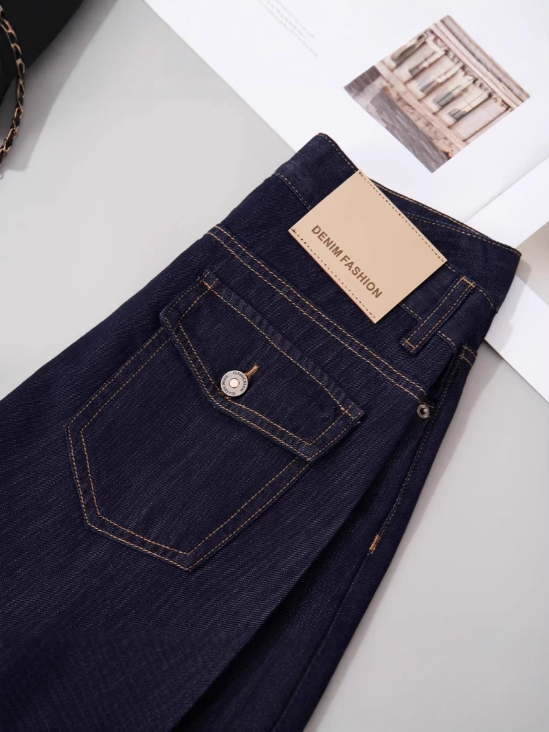 Chân váy denim chữ A Lycell mỏng mùa hè, dáng dài vừa, xẻ tà, rộng rãi tôn dáng — Xanh denim