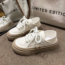 奶油两穿帆布鞋女新款chic小众韩版学生小白鞋圆头厚底一脚蹬拖鞋