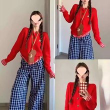 韩系假两件红色格子针织小开衫女秋冬设计感拼接毛衣外套短款上衣