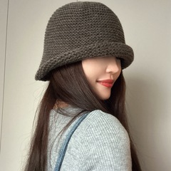 出韩国款羊毛针织卷边水桶帽子女秋冬复古咖色大头围套头帽渔夫帽