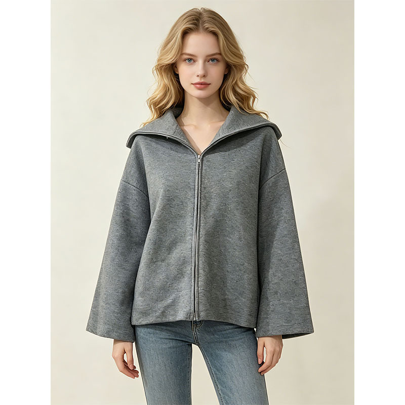 Cross-Border Autumn and Winter Large Lapel Zipper Sweater Jacket for Women, New Loose Lazy Style Knitted Cardigan, European and American Style Top