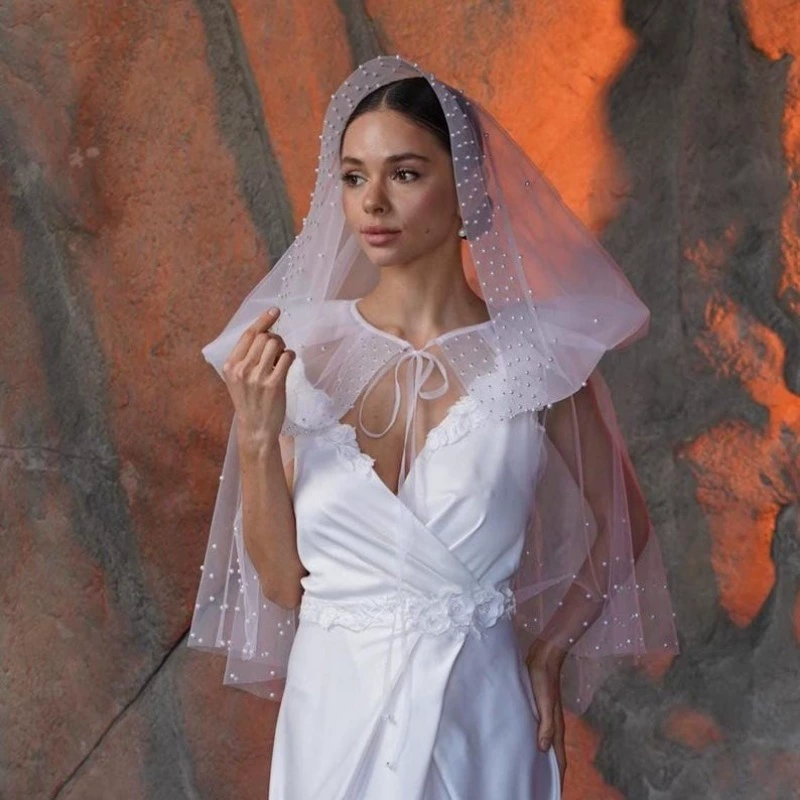 Новая кружевная накидка с капюшоном из жемчужной сетки, однотонная, короткая, свободного кроя, романтический свадебный головной убор, аксессуары