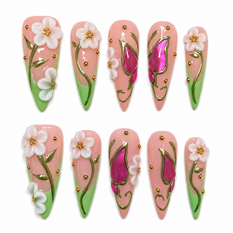 Handmade press-on nails in nude pink and green, long pointed shape with 3D rose red tulip flowers, 10-piece set, custom wholesale and dropshipping available Handmade press-on nails in nude pink and green, long pointed shape with 3D rose red tulip flowers, 10-piece set, custom wholesale and dropshipping available