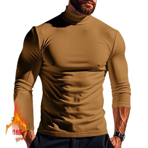 Amazon men's autumn/winter thermal fleece solid color long-sleeved pullover knit base shirt slim-fit half-high-neck top Meituan