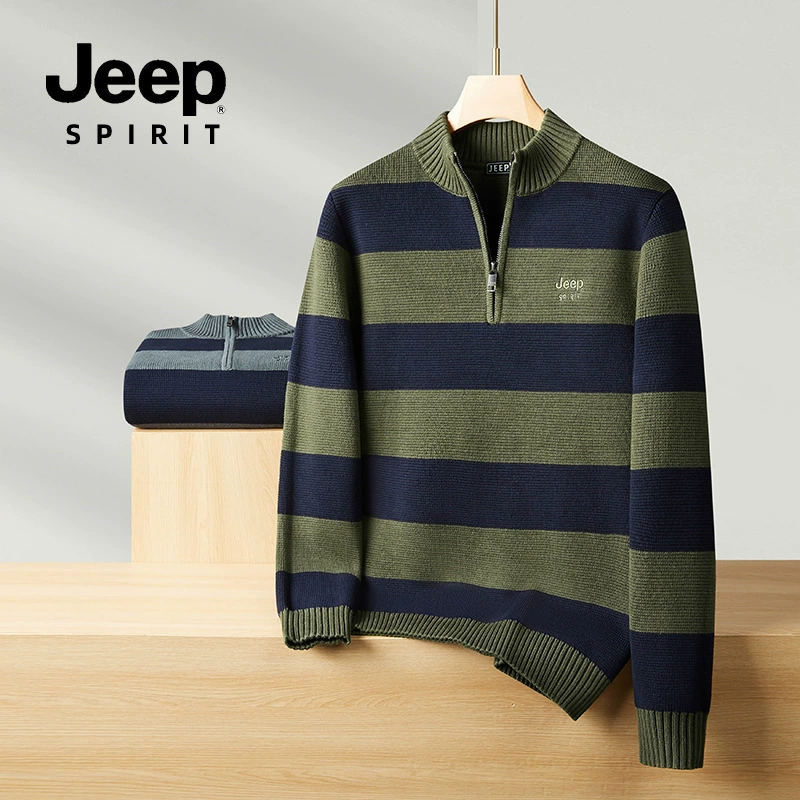 JEEP SPIRIT 2024 осень-зима новый стиль мужской повседневный стоячий воротник полузастежка-молния полосатый свитер дышащий теплый замок