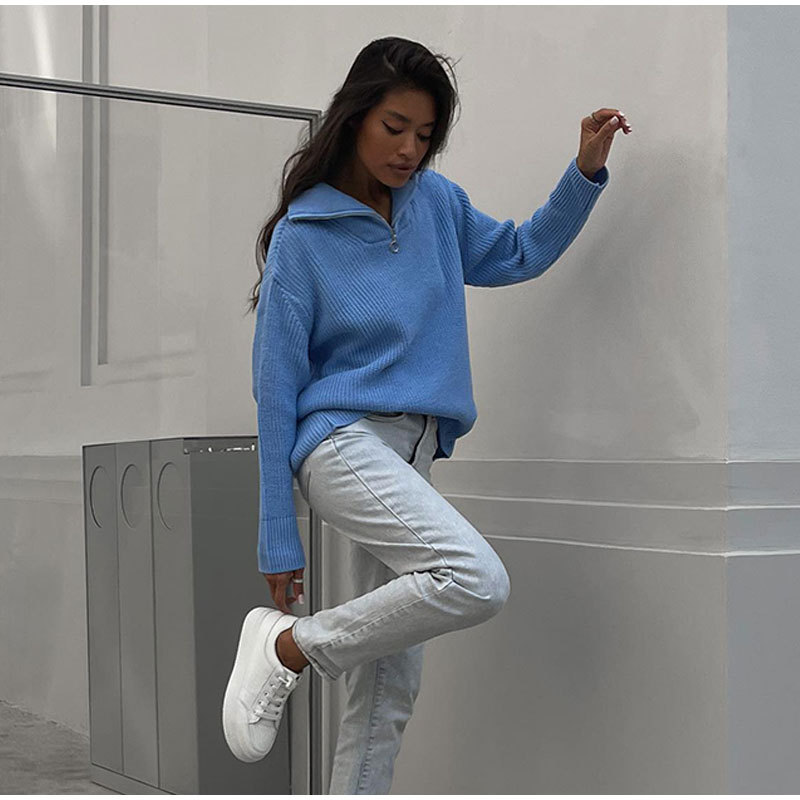032 cremallera suéter Jersey de punto suelta ropa de mujer casual Otoño e Invierno mujeres europeas y americanas suéter de punto mujeres