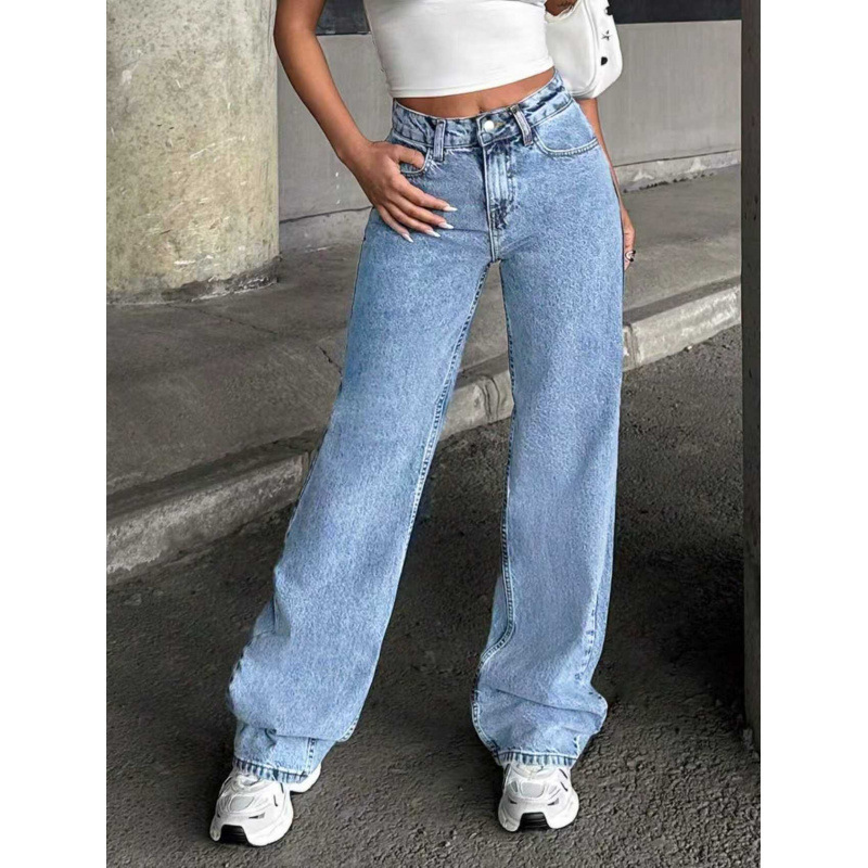 Small Size Low Waist Blue Snowflake Wide Leg Long Hem Small Size Jeans