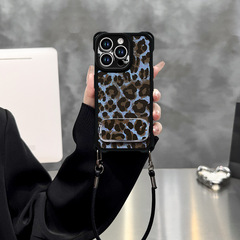 蓝豹纹支架适用苹果16promax手机壳iphone13软硅胶15四角挂绳14女