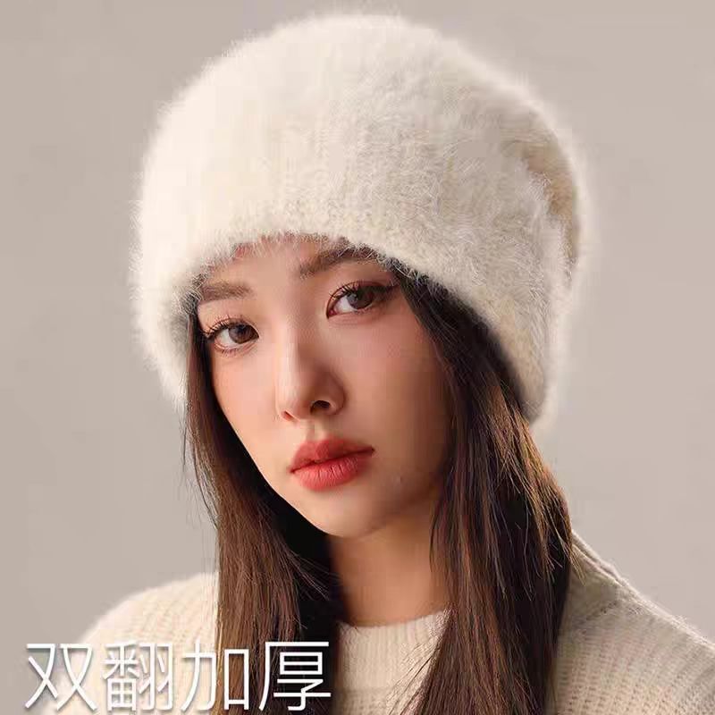 宽松大头围针织帽子女秋冬显脸小保暖毛绒堆堆帽百搭兔毛毛线帽|undefined