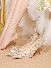 尖头婚鞋女2023年新款主婚纱新娘鞋平时可穿伴娘鞋法式水晶高跟鞋