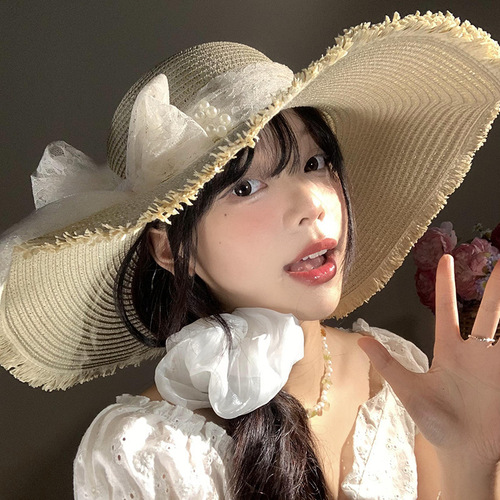 2025 Women's Lace Butterfly Knot Summer French Style Wide Brim Sun Hat Sunshade Sun Hat for Beach