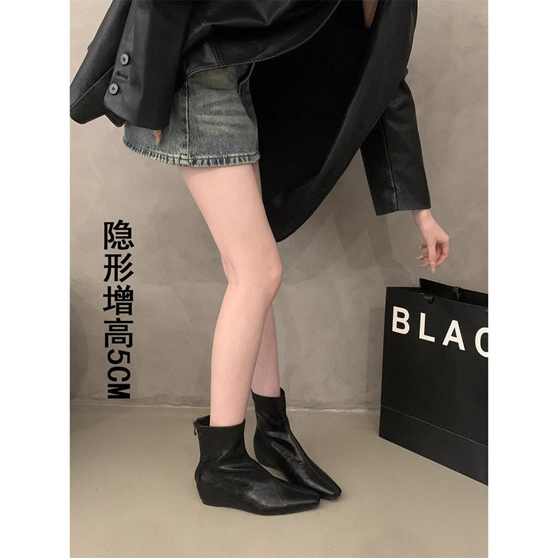 内增高短靴女靴2025秋冬季新款韩版简约短筒靴后拉链方头时装靴女|undefined