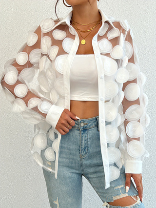 Camicia da donna a maniche lunghe con motivo traforato in rete, elegante, con collo alto, decorazione floreale tridimensionale e bordo incrociato_voghion.com