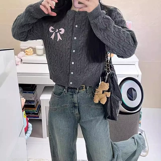 针织外套女新款学院新款圆领蝴蝶结开衫刺绣上衣短款长袖麻花毛衣