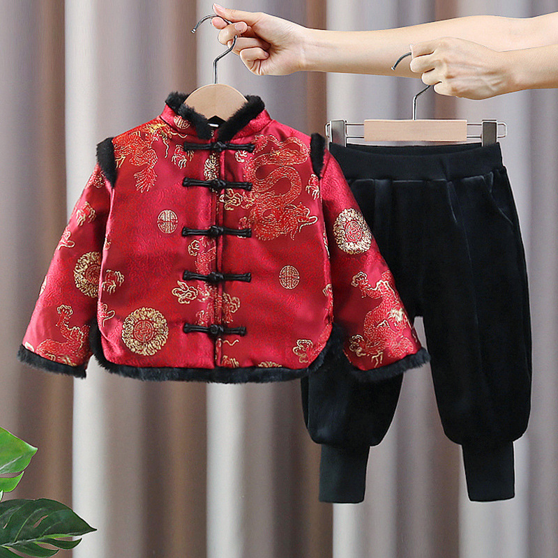 Boys' winter New thickened New Year greeting clothes suit baby dress warm western style Tang suit National style performance Hanfu