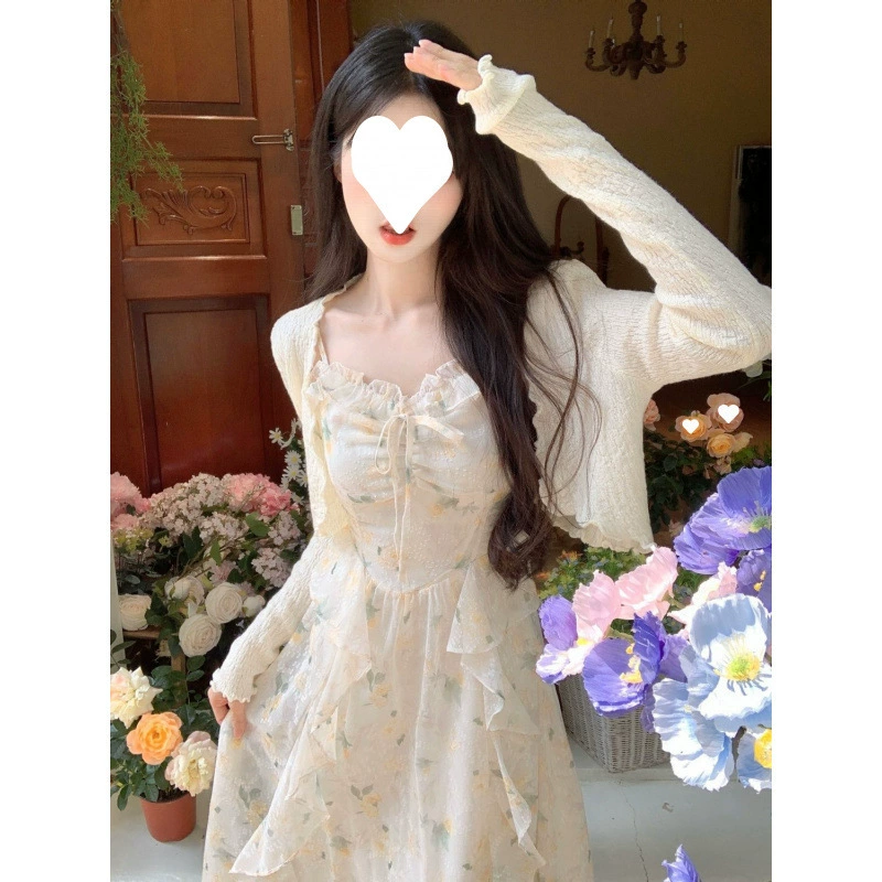 Милый и пряный шифоновый платье-костюм с рюшами и цветочным принтом на подтяжках, женский летний тонкий солнцезащитный кардиган, длинная юбка на талии